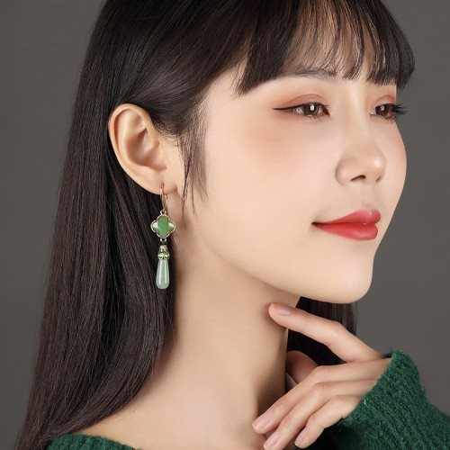 Women's chinese ancient traditional dance green earrings ancient princess fairy anime drama cosplay earrings 